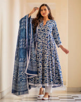 MEERA FAB Women's Cotton Printed Blue Anarkali Kurta With Palazzo & Dupatta Set