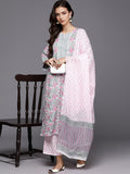 Jashiya Arayna Women's Cotton Block Printed Floral Straight Kurta with Palazzo Pants and Dupatta Set, Pink, Medium