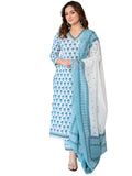 Jashiya Arayna Women's Pure Cotton Block Printed Ethnic Kurta Set with Palazzo & Dupatta, White, Medium