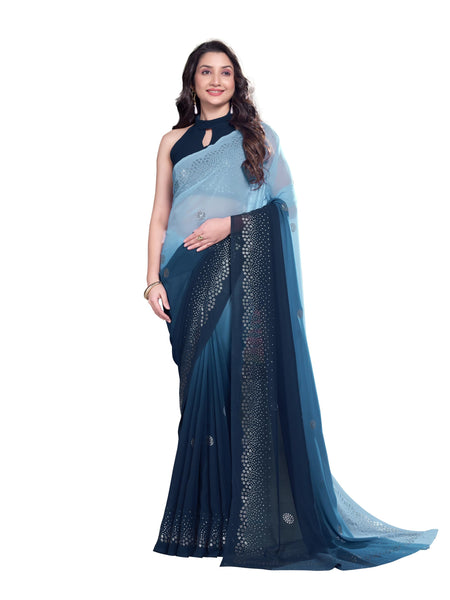 Jashiyaa Garden Vareli Georgette Embellishment Work Saree With Unstitched Blouse Piece - Navy Blue
