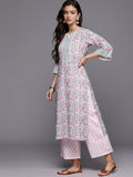 Jashiya Arayna Women's Cotton Block Printed Floral Straight Kurta with Palazzo Pants and Dupatta Set, Pink, Medium