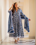 MEERA FAB Women's Cotton Printed Blue Anarkali Kurta With Palazzo & Dupatta Set