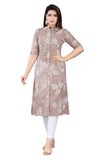 Jashiya Mintmarie Womens Rayon Flax Aline Regular Fit Kurti With Mandarin Collar, Printed Calf Length Elbow Sleeve Tunic For Formal & Casual Wear