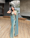 Jashiyaa Sidhidata Women's Soft Fandy Silk Saree With Hand Work Lace Boarder & Comes With Unstitched Blouse Piece Sky Blue