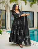 Jashiya KLOSIA Women Printed Anarkali Kurta and Pant with Dupatta Set (in, Alpha, 2XL, Black)
