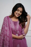 Jashiya PARTHVI|Women's Pure Cotton Printed with Handwork Kurta with Pants and Dupatta Set | Ethnic Set | Suit Set | Kurta Set | Wedding Suit Set (P-1079-Wine-XL)