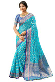 Jashiya SGF11 Women's Organza Kanjivaram Pure Soft Silk Handloom Saree Pure Golden Zari With Blouse Piece (Light Blue)
