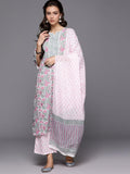 Jashiya Arayna Women's Cotton Block Printed Floral Straight Kurta with Palazzo Pants and Dupatta Set, Pink, Medium