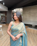 Jashiyaa Sidhidata Women's Soft Fandy Silk Saree With Hand Work Lace Boarder & Comes With Unstitched Blouse Piece Sky Blue