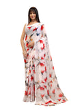 Jashiya Garden Vareli Women's Floral Print Nara Chiffon Saree 73475 - White Red