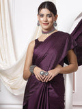 Jashiyaa SIRIL Women's Satin Silk Hot Fixing Stone Work Saree with Unstitched Blouse Piece Wine