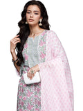 Jashiya Arayna Women's Cotton Block Printed Floral Straight Kurta with Palazzo Pants and Dupatta Set, Pink, Medium