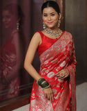 Jashiyaa SIRIL Women's Banarasi Silk Saree Pure Silk Saree with Unstitched blouse Piece Red