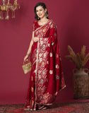 Jashiyaa SIRIL Women's Kanjivaram Silk Saree Pure Silk Banarasi Saree With Unstitched Blouse Piece Red