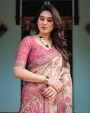 Jashiya ALMAARI FASHION Traditional Cotton Silk Saree for Women with Floral Print, Pink Border, Tassels and Blouse Piece, Designer Saree, 5.5 Metres Off-White