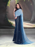 Jashiyaa Garden Vareli Georgette Embellishment Work Saree With Unstitched Blouse Piece - Navy Blue