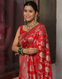 Jashiyaa SIRIL Women's Banarasi Silk Saree Pure Silk Saree with Unstitched blouse Piece Red