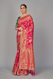 Jashiyaaa Monjolika Fashion Women's Banarasi Silk Blend Woven Zari With Tussles Saree and Jacquard Woven Blouse Piece Magenta