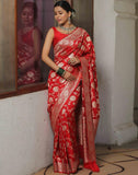 Jashiyaa SIRIL Women's Banarasi Silk Saree Pure Silk Saree with Unstitched blouse Piece Red