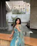 Jashiyaa Sidhidata Women's Soft Fandy Silk Saree With Hand Work Lace Boarder & Comes With Unstitched Blouse Piece Sky Blue