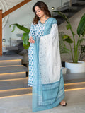 Jashiya Arayna Women's Pure Cotton Block Printed Ethnic Kurta Set with Palazzo & Dupatta, White, Medium