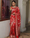 Jashiyaa SIRIL Women's Banarasi Silk Saree Pure Silk Saree with Unstitched blouse Piece Red