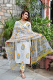 Jashiya KLOSIA Women Straight Block Printed Kurta and Pant Set with Dupatta (Large) White