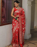 Jashiyaa SIRIL Women's Banarasi Silk Saree Pure Silk Saree with Unstitched blouse Piece Red