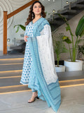 Jashiya Arayna Women's Pure Cotton Block Printed Ethnic Kurta Set with Palazzo & Dupatta, White, Medium