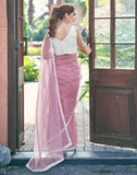 Jashiyaa SIRIL Women's Shimmer Net Pearl Work Lace Boarder Saree with Unstitched blouse Piece Pink