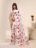 Jashiya Garden Vareli Women's Floral Print Nara Chiffon Saree 73475 - White Red