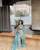 Jashiyaa Sidhidata Women's Soft Fandy Silk Saree With Hand Work Lace Boarder & Comes With Unstitched Blouse Piece Sky Blue