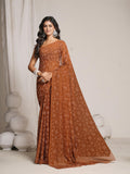 Jashiya Garden Vareli Lock Chiffon Viscose Brasso Floral Saree - Brown