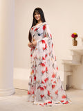 Jashiya Garden Vareli Women's Floral Print Nara Chiffon Saree 73475 - White Red