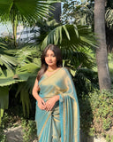 Jashiyaa Sidhidata Women's Soft Fandy Silk Saree With Hand Work Lace Boarder & Comes With Unstitched Blouse Piece Sky Blue