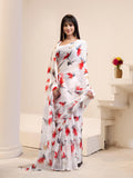 Jashiya Garden Vareli Women's Floral Print Nara Chiffon Saree 73475 - White Red