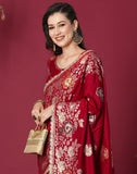 Jashiyaa SIRIL Women's Kanjivaram Silk Saree Pure Silk Banarasi Saree With Unstitched Blouse Piece Red