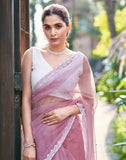 Jashiyaa SIRIL Women's Shimmer Net Pearl Work Lace Boarder Saree with Unstitched blouse Piece Pink