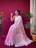 Jashiyaa SGF11 Women's Kanjivaram Soft Cotton Linen Silk Saree With Blouse Piece Pink