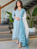 Jashiya Arayna Women's Pure Cotton Block Printed Ethnic Kurta Set with Palazzo & Dupatta, White, Medium