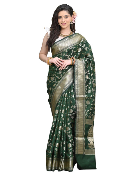 Jashihyaa Sugathari Women's Banarasi Saree Pure Kanjivaram Silk Saree Soft new ladies Design Wear Pattu Sarees Latest Party Sari collections With Blouse Piece for Wedding sadi DARK GREEN