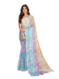 Jashiyaa Garden Vareli Women Floral Printed Chiffon Saree - Sky Blue Purple Orange