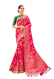 Jashiyaaa Monjolika Fashion Women's Banarasi Silk Blend Woven Zari With Tussles Saree and Jacquard Woven Blouse Piece Magenta