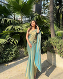 Jashiyaa Sidhidata Women's Soft Fandy Silk Saree With Hand Work Lace Boarder & Comes With Unstitched Blouse Piece Sky Blue