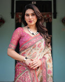 Jashiya ALMAARI FASHION Traditional Cotton Silk Saree for Women with Floral Print, Pink Border, Tassels and Blouse Piece, Designer Saree, 5.5 Metres Off-White