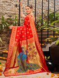 Jashiya EthnicJunction Women's Paithani Silk Blend Woven Saree With Blouse Piece (Red)