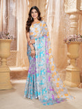 Jashiyaa Garden Vareli Women Floral Printed Chiffon Saree - Sky Blue Purple Orange