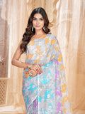 Jashiyaa Garden Vareli Women Floral Printed Chiffon Saree - Sky Blue Purple Orange