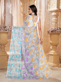 Jashiyaa Garden Vareli Women Floral Printed Chiffon Saree - Sky Blue Purple Orange