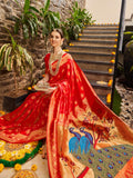 Jashiya EthnicJunction Women's Paithani Silk Blend Woven Saree With Blouse Piece (Red)